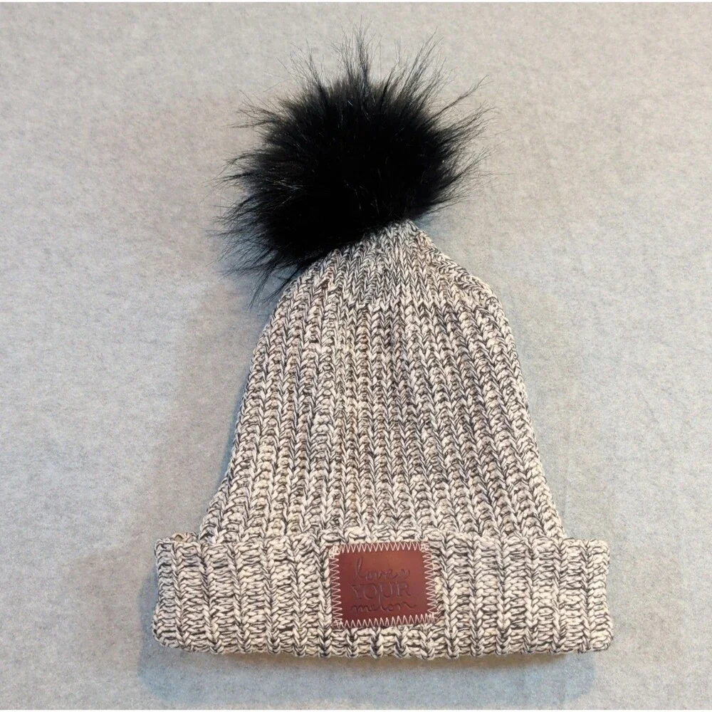 Love Your Melon Women's Gray Black Speckled Pom Beanie Hat Brown Logo One Size